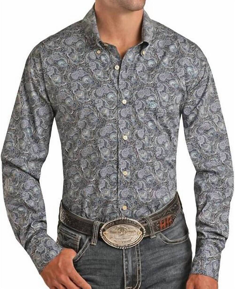 NEW ROCK & ROLL DENIM paisley long sleeve button up snap shirt in blue